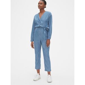 GAP Tencel Denim Jean V-neck Tie-Waist Belt Long Sleeve Jumpsuit (NWT)
